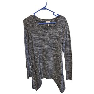 LOGO Lori Goldstein Womens XS Space Dye Sharkbite Hem V-Neck Tunic Sweater Black